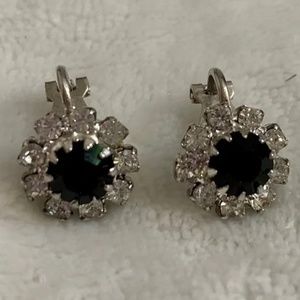 Vintage Clear Rhinestone Clip-On Earrings with Black Center Stone
